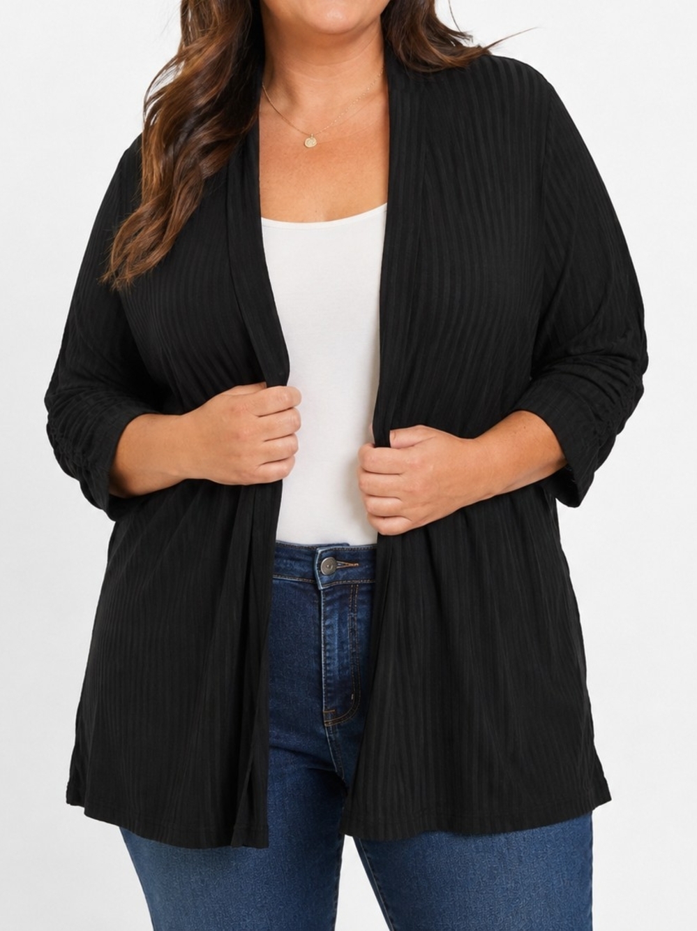 Notations Woman 1X Black Ribbed Open Front Cardigan